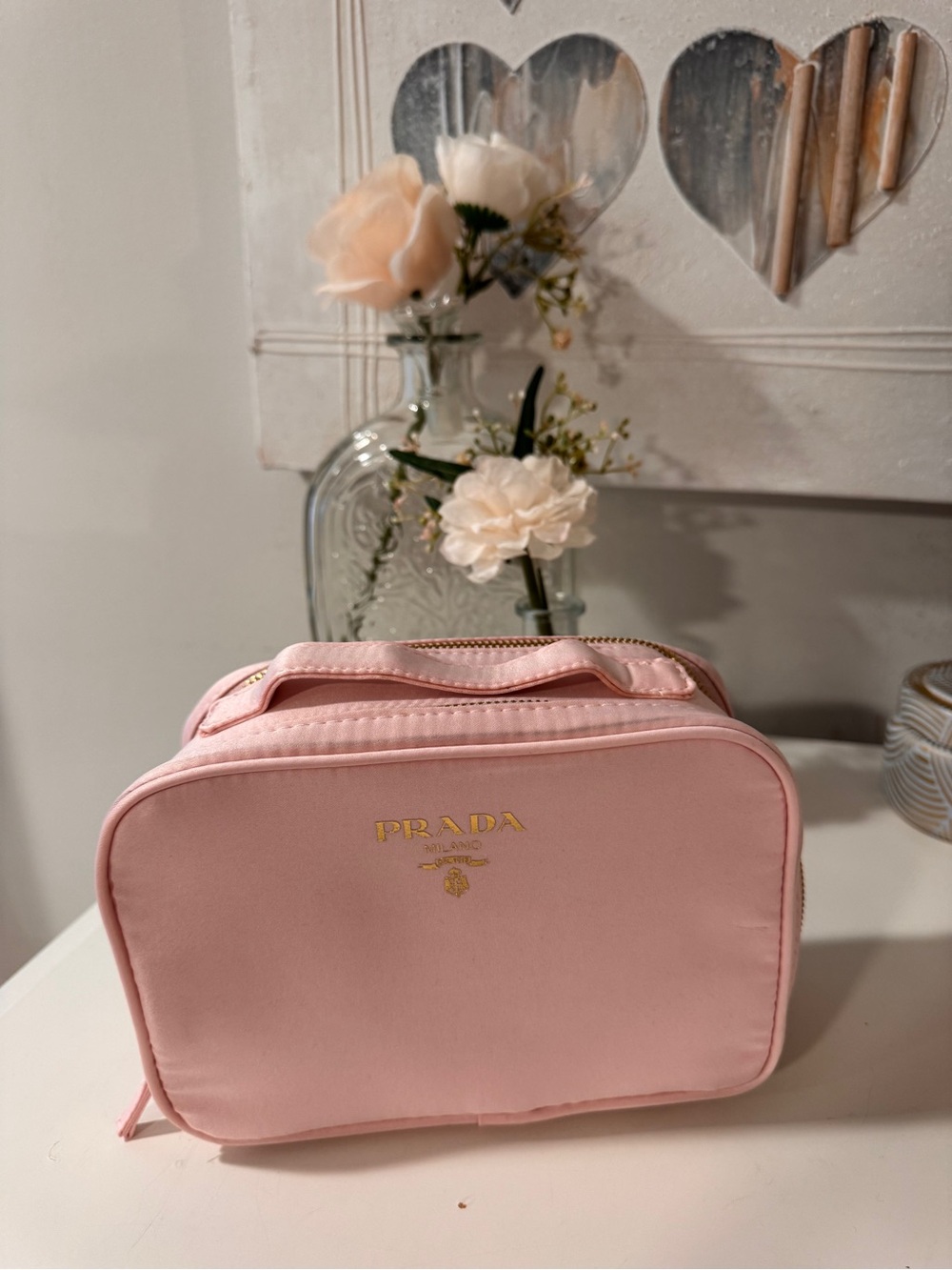 PRADA Pink Satin Cosmetic Case with Gold Logo